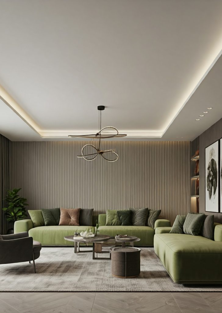 Plafon gypsum putih dengan desain simpel dan rapi di ruang tamu, memberikan kesan elegan dan modern pada interior rumah.